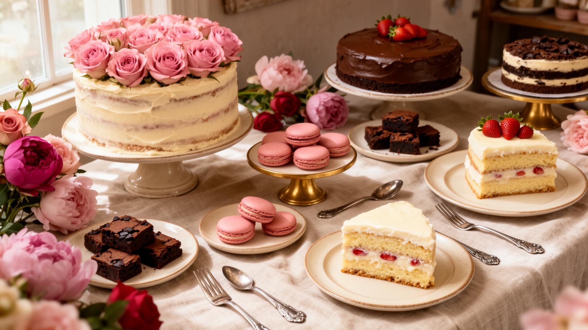 Mesa de repostería Q Buenazo con tortas, flores y dulces